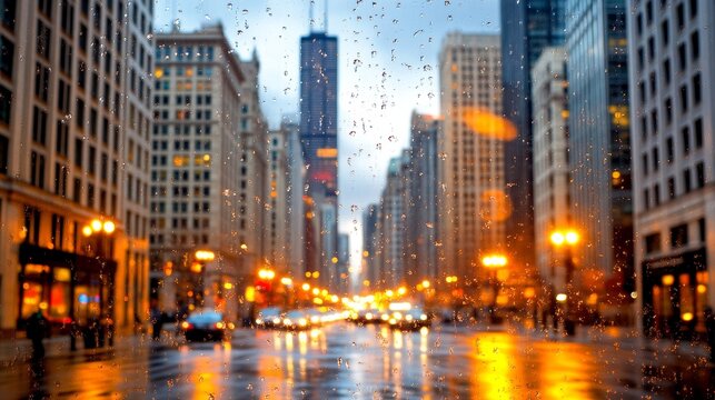 Una vista urbana de una ciudad con rascacielos, coches y luces reflejadas en el suelo mojado por la lluvia. Las gotas de agua en la c&aacute;mara a&ntilde;aden dinamismo a la escena de una tarde lluviosa.

