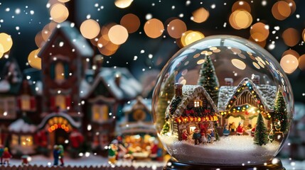 A snow globe with a miniature winter village scene sits in front of a blurred background of a similar scene, creating a festive atmosphere.