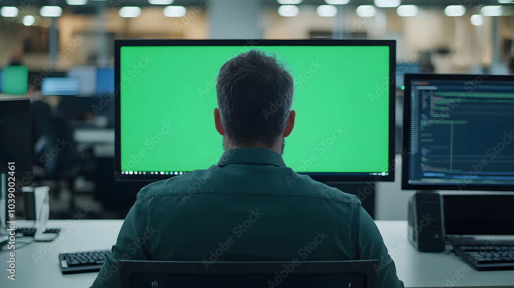 Poster computer monitors with green screen – digital workspace for video editing and graphics