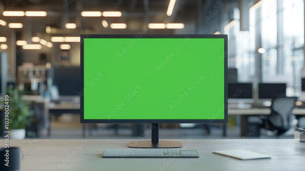 Poster computer monitors with green screen – digital workspace for video editing and graphics