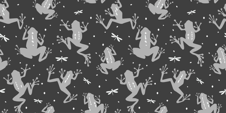 Seamless pattern with a silhouette of a frog and dragonflies. Vector graphics.