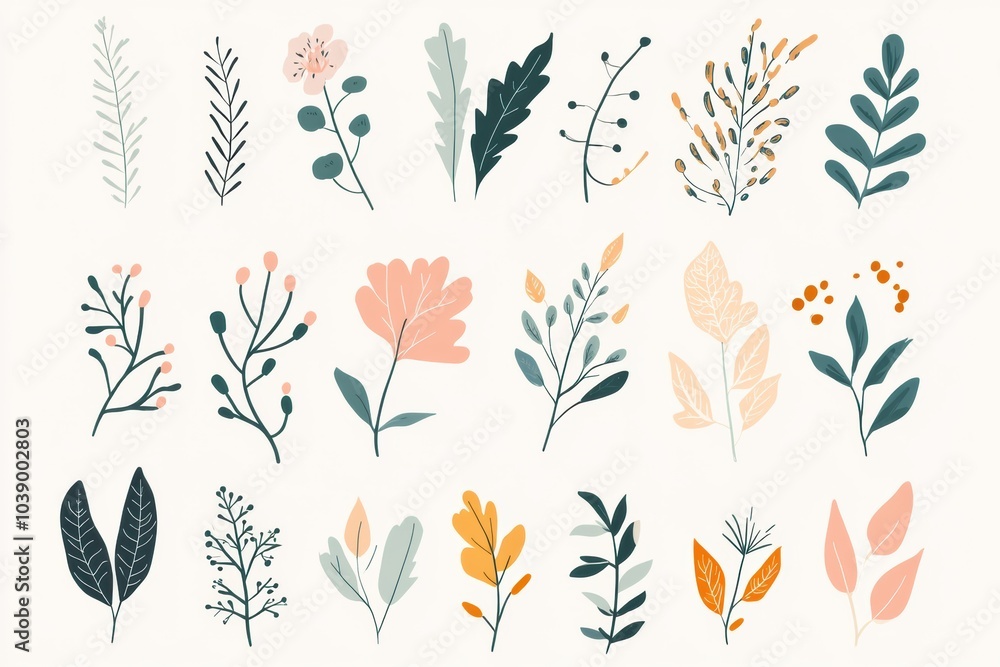 Poster a collection of delicate minimalist doodles features various leaves and flowers in soft colors, crea