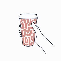  Vector illustration of a hand holding a cup of coffee
 to takeaway. Paper cup icon in line style isolated on white background. Abstract trendy pattern.