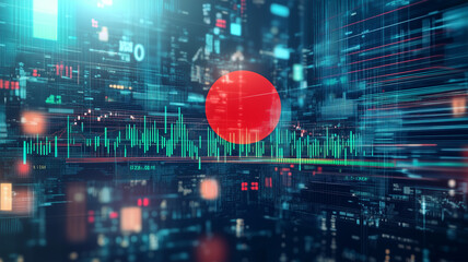 Obraz premium 日本国旗とデジタル金融データの融合