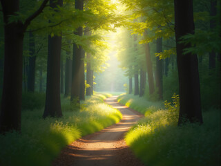 Obraz premium Sun shining through trees on path leading into forest