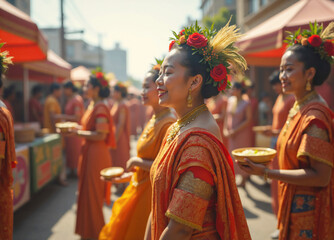 Obraz premium Group of women in traditional clothing walking in the street holding bowls