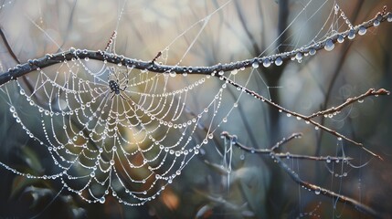 A spiderweb glistens with morning dew, capturing the beauty of nature's delicate artistry.