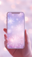 Hand holding phone with pink background and snowflakes.