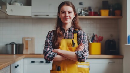 Female plumber in yellow apron stands confidently in modern kitchen with tools, arms crossed
