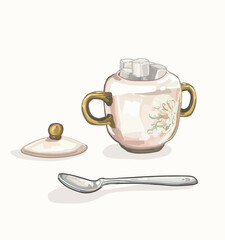 ceramic classical pottery tabeware sugar cubes container illustration on white background