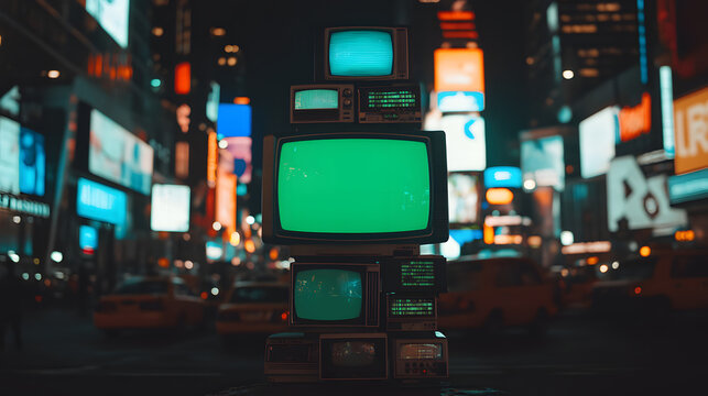 Stack of Vintage TV Monitors with Green Screens in New York Center – Retro Urban Display