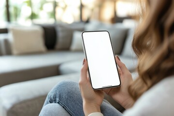 Close-up of a woman's hand holding a smartphone with a blank white screen
