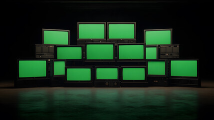 Stack of Vintage Classical TV Monitors with Green Screens – Retro Technology Display