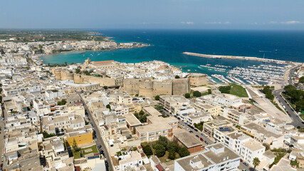 Naklejka premium Panoramic aerial view of the castle, the Norman cathedral and port in the historic center of Otranto in the province of Lecce, Salento, Puglia, Italy. It is located on the Adriatic Sea.