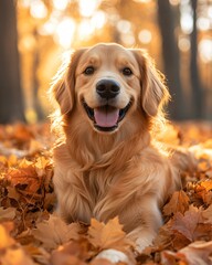 Golden retriever in fall leaves