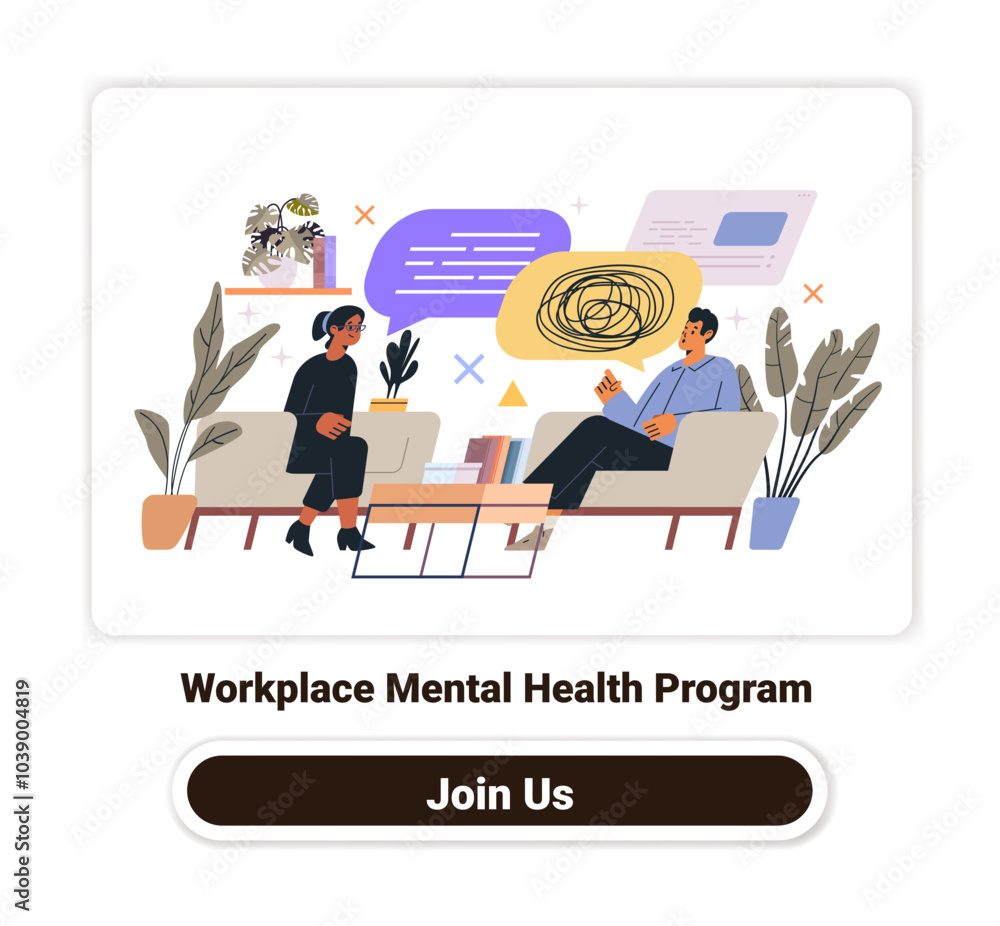 Poster workplace mental health program discussion between colleagues in an office setting with plants books