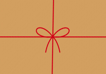 Diagonally striped kraft paper background, gift tied in the center with cotton red rope, bow and ribbons. Packing rope for decoration, gift, pastry boxes for New Year, Christmas. Vector EPS10