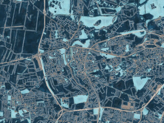 Painterly Style City Map of Bedzin, Poland in a Blue Color Scheme.