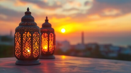 Elegant hanging lanterns glowing against the backdrop of a peaceful sunset, offering a serene and warm ambiance in the evening light, Generative Ai