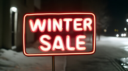 Fototapeta premium Winter Sale Text in Neon Mustard Lights – Eye-Catching Seasonal Promotion Display
