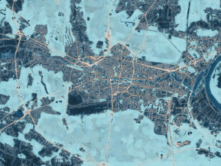 Painterly Style City Map of Bydgoszcz, Poland in a Blue Color Scheme.