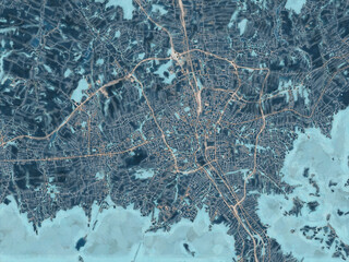 Painterly Style City Map of Bielsko-Biala, Poland in a Blue Color Scheme.