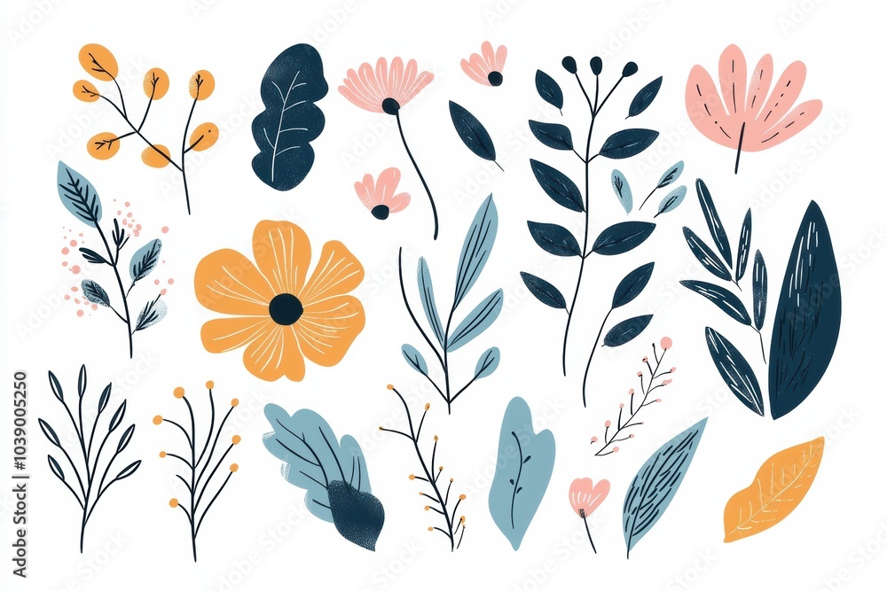 Aufkleber a collection of minimalist doodles features an array of colorful flowers, leaves, and nature element