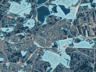 Painterly Style City Map of Dabrowa Gornicza, Poland in a Blue Color Scheme.