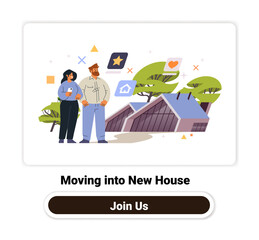 Couple moving into new house concept modern home trees abstract icons flat design