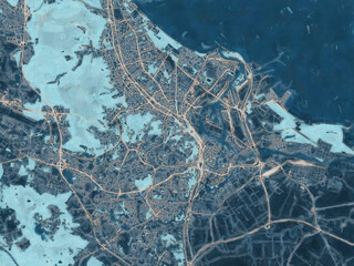Painterly Style City Map of Gdansk, Poland in a Blue Color Scheme.