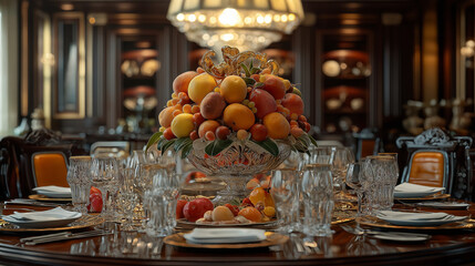 large bowl of peaches and other colorful fruits sits on a dark wooden dining