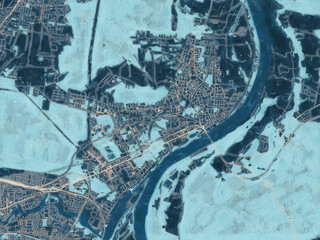 Painterly Style City Map of Fordon, Poland in a Blue Color Scheme.