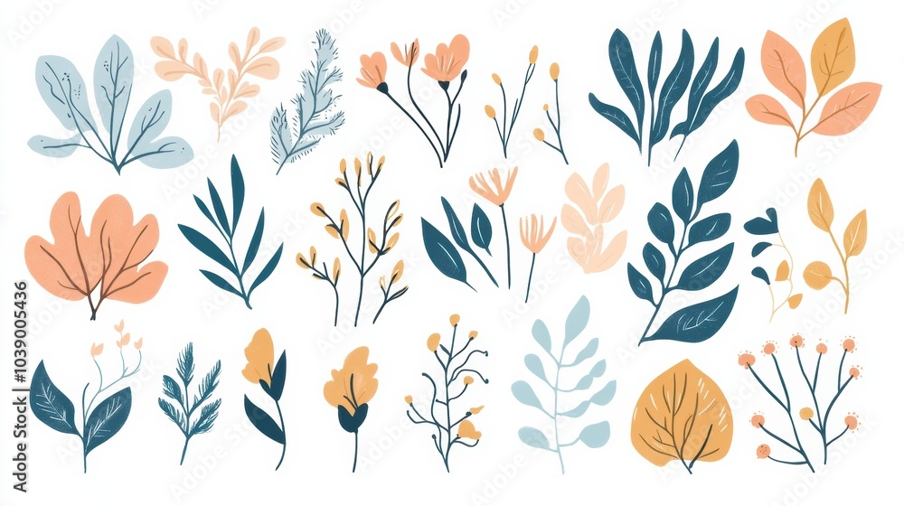 Aufkleber a collection of minimalist doodles features various leaves and flowers, showcasing a blend of colors