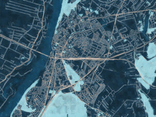 Painterly Style City Map of Grudziadz, Poland in a Blue Color Scheme.