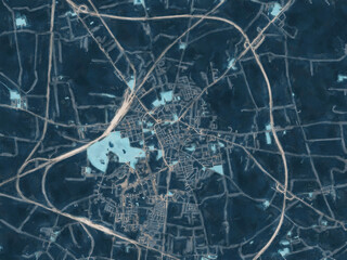 Painterly Style City Map of Inowroclaw, Poland in a Blue Color Scheme.