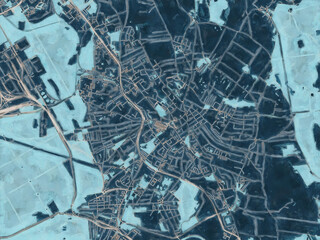 Painterly Style City Map of Jaworzno, Poland in a Blue Color Scheme.