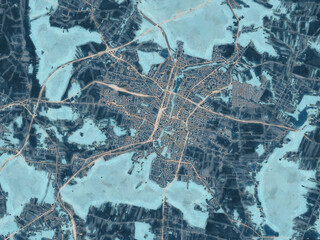 Painterly Style City Map of Kielce, Poland in a Blue Color Scheme.