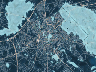 Painterly Style City Map of Koszalin, Poland in a Blue Color Scheme.