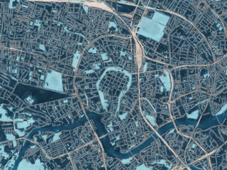 Painterly Style City Map of Krakow city center, Poland in a Blue Color Scheme.