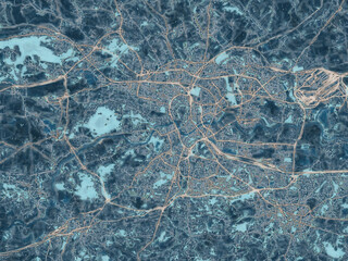 Painterly Style City Map of Krakow, Poland in a Blue Color Scheme.