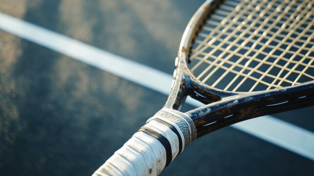 A tennis racket handle and grip tape, outdoor setting on a hard court, Classic style