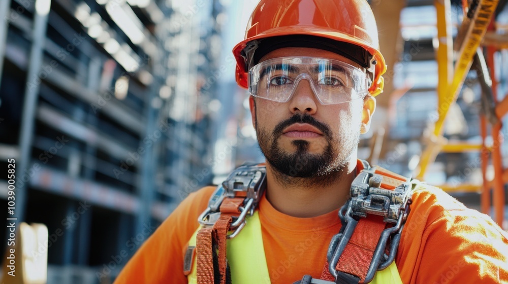 Poster a construction worker in a hard hat and safety goggles, adjusting safety harnesses while looking dir