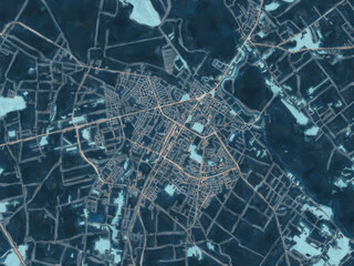 Painterly Style City Map of Lomza, Poland in a Blue Color Scheme.