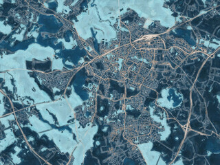 Painterly Style City Map of Olsztyn, Poland in a Blue Color Scheme.