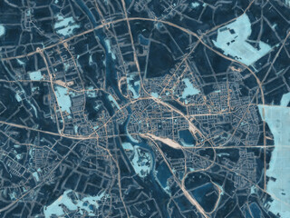 Painterly Style City Map of Opole, Poland in a Blue Color Scheme.