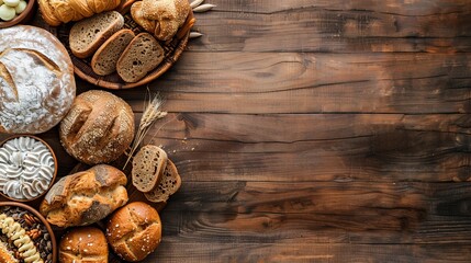 Bread on table background with copyspace. Homemade meal template with copy space. Brown rustic food. Natural organic craft bread. Crust loaf bakery