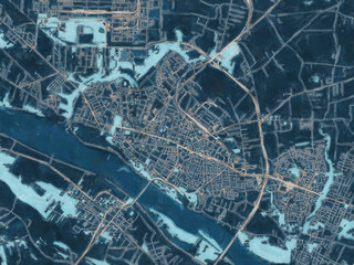 Painterly Style City Map of Plock, Poland in a Blue Color Scheme.