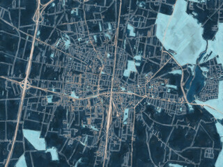 Painterly Style City Map of Piotrkow Trybunalski, Poland in a Blue Color Scheme.