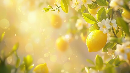   A lemon tree with white and yellow flowers and the sun shining in the background