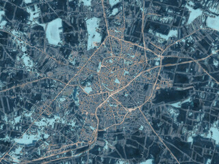 Painterly Style City Map of Radom, Poland in a Blue Color Scheme.